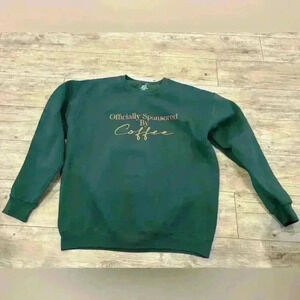 Officially sponsored by coffee green and gold crew neck sweat shirt size large